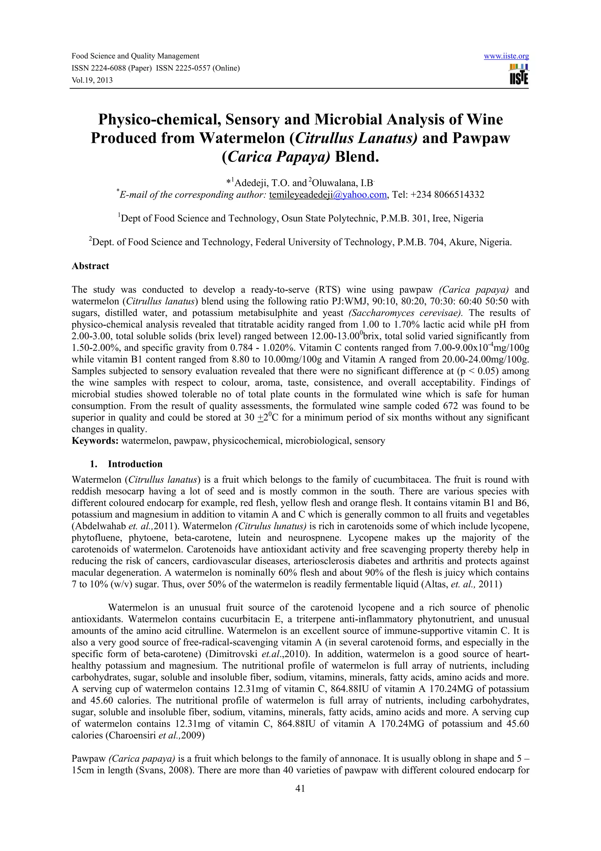 Physico chemical, sensory and microbial analysis of wine produced from ...