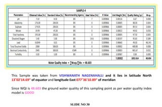 This Sample was taken from VISHWANATH NAGENAHALLI and it lies in latitude North
13˚02'14.69“ of equator and longitude East 077˚36'10.89“ of meridian
Since WQI is 48.603 the ground water quality of this sampling point as per water quality index
model is GOOD
SLIDE NO 30
 
