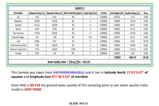This Sample was taken from KACHARAKANAHALLI and it lies in latitude North 13˚01'5.67“ of
equator and longitude East 077˚38'3.54“ of meridian
Since WQI is 80.218 the ground water quality of this sampling point as per water quality index
model is VERY POOR
SLIDE NO 31
 