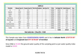 This Sample was taken from KEMPEGOWDA WARD and it lies in latitude North 13˚07'37.95“
of equator and longitude East 077˚35'49.60“ of meridian
Since WQI is 39.680 the ground water quality of this sampling point as per water quality index
model is GOOD
SLIDE NO 36
 