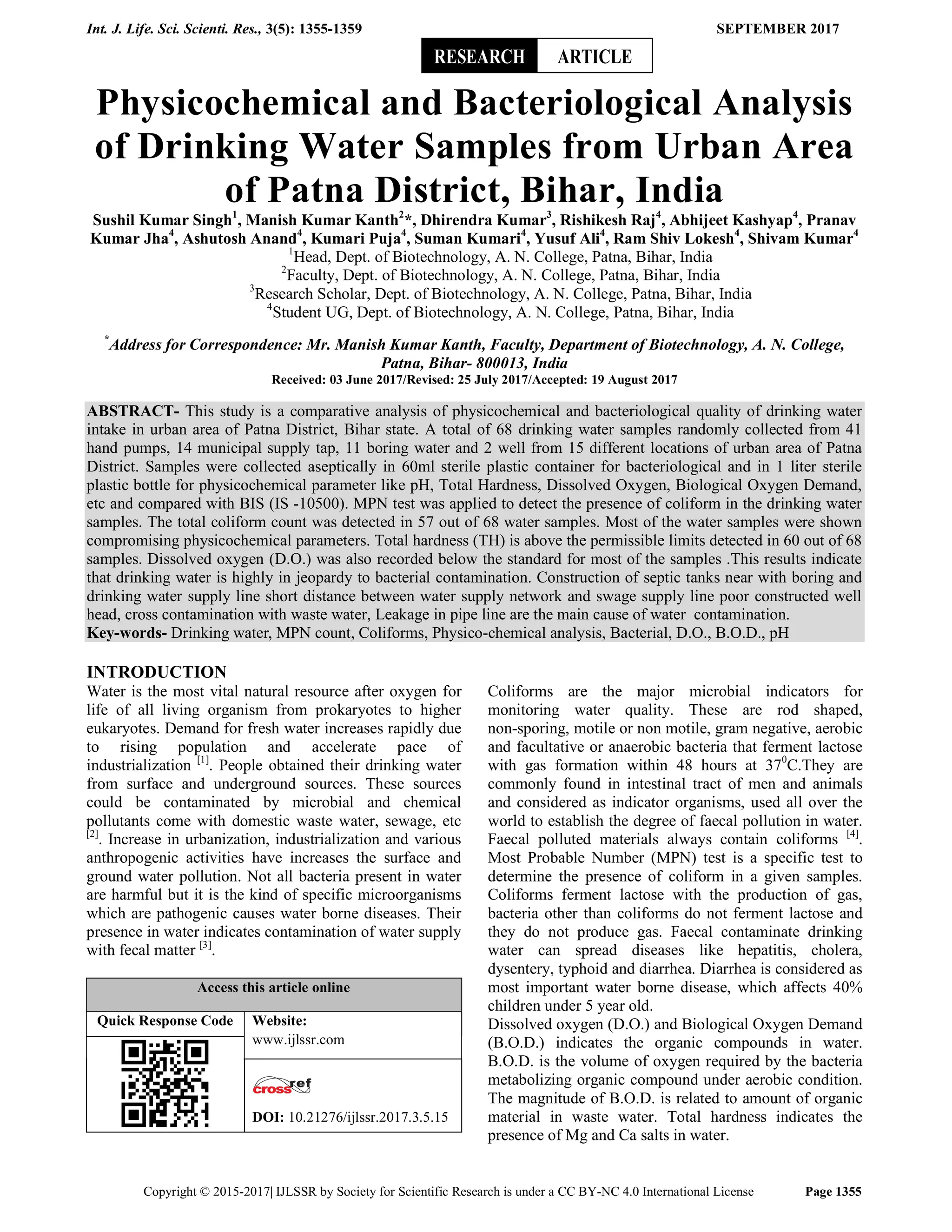 Physicochemical and Bacteriological Analysis of Drinking Water Samples ...