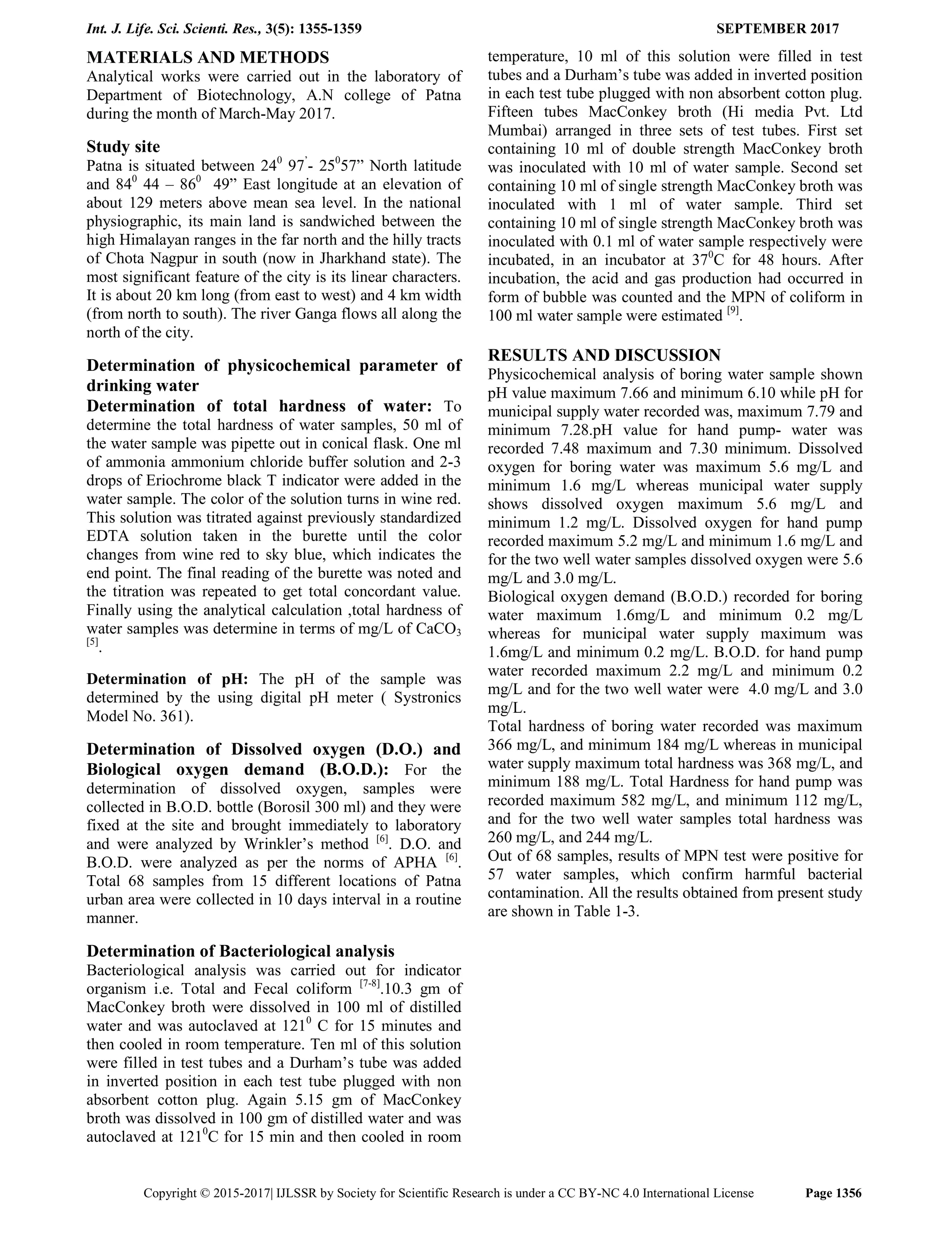 Physicochemical and Bacteriological Analysis of Drinking Water Samples ...