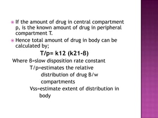  If the amount of drug in central compartment
  p, is the known amount of drug in peripheral
  compartment T.
 Hence total amount of drug in body can be
  calculated by;
           T/p= k12 (k21-β)
Where β=slow disposition rate constant
      T/p=estimates the relative
           distribution of drug B/w
           compartments
      Vss=estimate extent of distribution in
          body
 