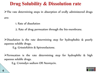 6 
Drug Solubility & Dissolution rate 
The rate determining steps in absorption of orally administered drugs 
are: 
1. Ra...