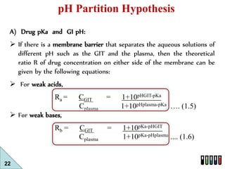 22 
pH Partition Hypothesis 
A) Drug pKa and GI pH: 
 If there is a membrane barrier that separates the aqueous solutions...