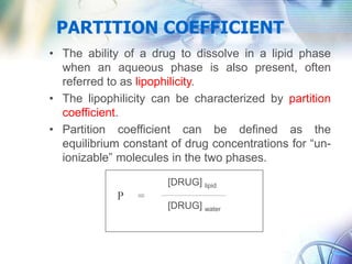 PARTITION COEFFICIENT
• The ability of a drug to dissolve in a lipid phase
when an aqueous phase is also present, often
referred to as lipophilicity.
• The lipophilicity can be characterized by partition
coefficient.
• Partition coefficient can be defined as the
equilibrium constant of drug concentrations for “un-
ionizable” molecules in the two phases.
[DRUG] lipid
[DRUG] water
P =
 