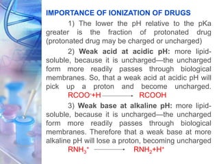 IMPORTANCE OF IONIZATION OF DRUGS
1) The lower the pH relative to the pKa
greater is the fraction of protonated drug
(protonated drug may be charged or uncharged)
2) Weak acid at acidic pH: more lipid-
soluble, because it is uncharged—the uncharged
form more readily passes through biological
membranes. So, that a weak acid at acidic pH will
pick up a proton and become uncharged.
RCOO-+H RCOOH
3) Weak base at alkaline pH: more lipid-
soluble, because it is uncharged—the uncharged
form more readily passes through biological
membranes. Therefore that a weak base at more
alkaline pH will lose a proton, becoming uncharged
RNH3
+ RNH2+H+
 