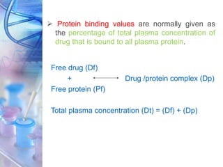  Protein binding values are normally given as
the percentage of total plasma concentration of
drug that is bound to all plasma protein.
Free drug (Df)
+ Drug /protein complex (Dp)
Free protein (Pf)
Total plasma concentration (Dt) = (Df) + (Dp)
 