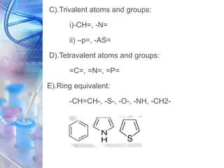 C).Trivalent atoms and groups:
i)-CH=, -N=
ii) –p=, -AS=
D).Tetravalent atoms and groups:
=C=, =N=, =P=
E).Ring equivalent:
-CH=CH-, -S-, -O-, -NH, -CH2-
 