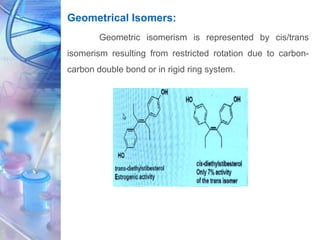 Geometrical Isomers:
Geometric isomerism is represented by cis/trans
isomerism resulting from restricted rotation due to carbon-
carbon double bond or in rigid ring system.
 