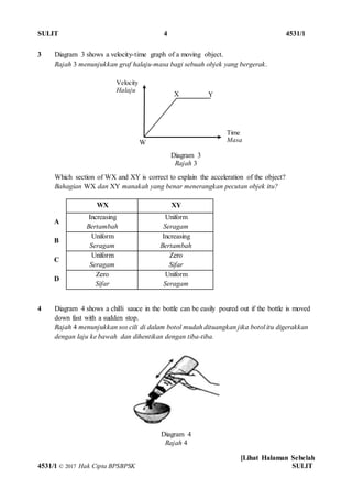 SULIT 4 4531/1
[Lihat Halaman Sebelah
4531/1 © 2017 Hak Cipta BPSBPSK SULIT
Diagram 3
Rajah 3
Diagram 4
Rajah 4
3 Diagram 3 shows a velocity-time graph of a moving object.
Rajah 3 menunjukkan graf halaju-masa bagi sebuah objek yang bergerak.
Which section of WX and XY is correct to explain the acceleration of the object?
Bahagian WX dan XY manakah yang benar menerangkan pecutan objek itu?
4 Diagram 4 shows a chilli sauce in the bottle can be easily poured out if the bottle is moved
down fast with a sudden stop.
Rajah 4 menunjukkan sos cili di dalam botol mudah dituangkan jika botol itu digerakkan
dengan laju ke bawah dan dihentikan dengan tiba-tiba.
WX XY
A
Increasing
Bertambah
Uniform
Seragam
B
Uniform
Seragam
Increasing
Bertambah
C
Uniform
Seragam
Zero
Sifar
D
Zero
Sifar
Uniform
Seragam
Time
Masa
Velocity
Halaju
W
X Y
 