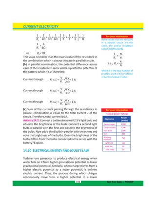 or R =1Ωe
This value is smaller than the lowest value of the resistance in
thecombinationwhichisalwaysthecaseinparallelcircuits.
(b) In parallel combination, the potential difference across
each of the resistance is same and is equal to the potential of
thebattery,whichis6V.Therefore,
Current through
Currentthrough
Currentthrough
(c) Sum of the currents passing through the resistances in
parallel combination is equal to the total current I of the
circuit.Therefore,totalcurrentis6A.
Activity14.2:Connectabatterytoasmall2.5Vlightbulband
observe the brightness of the bulb. Connect a second light
bulb in parallel with the first and observe the brightness of
thebulbs.Nowaddathirdbulbinparallelwiththeothersand
note the brightness of the bulbs. Does the brightness of the
bulbs differs from the bulbs connected in the series with the
battery?Explain.
14.10 ELECTRICALENERGYANDJOULE'SLAW
Turbine runs generator to produce electrical energy when
water falls on it from higher gravitational potential to lower
gravitational potential. Similarly, when charge moves from a
higher electric potential to a lower potential, it delivers
electric current. Thus, the process during which charges
continuously move from a higher potential to a lower
104
For your information
For your information
If the values of all the resistors
in a parallel circuit are the
same, the overall resistance
canbedeterminedby
where N is the total number of
resistorsandRistheresistance
ofeachindividualresistor.
Appliance
Typical power ratings
Power
(watts)
Electric stove
Electric heater
Hair dryer
Iron
Washing
Light bulb
Small fan
Clock radio
machine
5,000
1,500
1,000
800
750
100
50
10
CURRENT ELECTRICITY
Not For Sale – PESRP
1
Re
1
2Ω
1
2
1
3Ω
1
3
1
6Ω
1
Ω
1
6
= =+ ++ + x
V
R1
6 V
2 Ω
R1 1is I = = 3 A=
V
R2
6 V
3 Ω
R2 2is I = = 2 A=
V
R3
6 V
6 Ω
R3 3is I = = 1 A=
1
Re
6
6Ω
=
R
N
i.e., Re =
1
Re
N
R
=
 