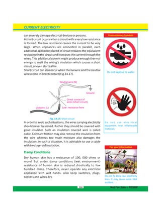 canseverelydamageelectricaldevicesorpersons.
Ashortcircuitoccurswhenacircuitwithaverylowresistance
is formed. The low resistance causes the current to be very
large. When appliances are connected in parallel, each
additional appliance placed in circuit reduces the equivalent
resistanceinthecircuitandincreasesthecurrentthroughthe
wires. This additional current might produce enough thermal
energy to melt the wiring's insulation which causes a short
circuit,orevenstartsafire.
Short circuit can also occur when the livewire and the neutral
wirescomeindirectcontact(Fig.14.17).
Fig. 14.17: Short circuit
Inordertoavoidsuchsituations,thewirescarryingelectricity
should never be naked. Rather they should be covered with
good insulator. Such an insulation covered wire is called
cable. Constant friction may also remove the insulation from
the wire whereas too much moisture also damages the
insulation. In such a situation, it is advisable to use a cable
withtwolayersofinsulation.
Damp Conditions
Dry human skin has a resistance of 100, 000 ohms or
more! But under damp conditions (wet environment)
resistance of human skin is reduced drastically to few
hundred ohms. Therefore, never operate any electrical
appliance with wet hands. Also keep switches, plugs,
sockets and wires dry.
110
For your information
Do not fly kites near electricity
lines. It may cause some fatal
accident.
D o n o t u s e e l e c t r i ca l
equipment near inflameable
materials
CURRENT ELECTRICITY
Not For Sale – PESRP
Neutral wire (N)
Ground
Direct contact of
wires (short circuit)
Low resistance hereLivewire (L)
Precautionary Symbols
Do not expose to water
 