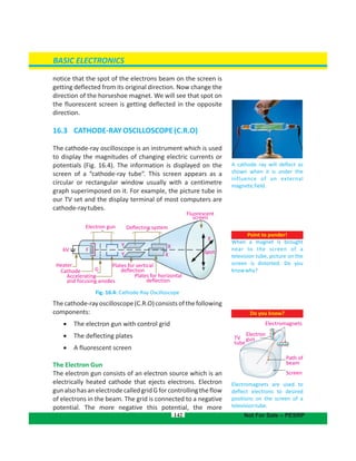 notice that the spot of the electrons beam on the screen is
getting deflected from its original direction. Now change the
direction of the horseshoe magnet. We will see that spot on
the fluorescent screen is getting deflected in the opposite
direction.
16.3 CATHODE-RAYOSCILLOSCOPE(C.R.O)
The cathode-ray oscilloscope is an instrument which is used
to display the magnitudes of changing electric currents or
potentials (Fig. 16.4). The information is displayed on the
screen of a “cathode-ray tube”. This screen appears as a
circular or rectangular window usually with a centimetre
graph superimposed on it. For example, the picture tube in
our TV set and the display terminal of most computers are
cathode-raytubes.
Fig. 16.4: Cathode-Ray Oscilloscope
Thecathode-rayoscilloscope(C.R.O)consistsofthefollowing
components:
 The electron gun with control grid
 The deflecting plates
 A fluorescent screen
The Electron Gun
The electron gun consists of an electron source which is an
electrically heated cathode that ejects electrons. Electron
gunalsohasanelectrodecalledgridGforcontrollingtheflow
of electrons in the beam. The grid is connected to a negative
potential. The more negative this potential, the more
142
Point to ponder!
When a magnet is brought
near to the screen of a
television tube, picture on the
screen is distorted. Do you
knowwhy?
Do you know?
Electromagnets are used to
deflect electrons to desired
positions on the screen of a
televisiontube.
A cathode ray will deflect as
shown when it is under the
influence of an external
magneticfield.
Path of
beam
Screen
Electromagnets
TV
tube
BASIC ELECTRONICS
Not For Sale – PESRP
Fluorescent
screen
Deflecting systemElectron gun
Heater
Cathode
Accelerating
and focusing anodes
Plates for vertical
deflection
Plates for horizontal
deflection
6V F
G
Y X
X
SpotY X
Electron
gun
 