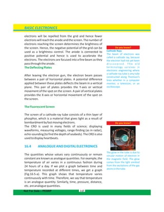 electrons will be repelled from the grid and hence fewer
electronswillreachtheanodeandthescreen.Thenumberof
electrons reaching the screen determines the brightness of
the screen. Hence, the negative potential of the grid can be
used as a brightness control. The anode is connected to
positive potential and hence is used to accelerate the
electrons. The electrons are focused into a fine beam as they
passthroughtheanode.
TheDeflectingPlates
After leaving the electron gun, the electron beam passes
between a pair of horizontal plates. A potential difference
applied between these plates deflects the beam in a vertical
plane. This pair of plates provides the Y-axis or vertical
movement of the spot on the screen. A pair of vertical plates
provides the X-axis or horizontal movement of the spot on
thescreen.
TheFluorescentScreen
The screen of a cathode-ray tube consists of a thin layer of
phosphor, which is a material that gives light as a result of
bombardmentbyfastmovingelectrons.
The CRO is used in many fields of science; displaying
waveforms, measuring voltages, range-finding (as in radar),
echo-sounding (to find the depthof seabeds). The CRO is also
usedtodisplayheartbeats.
16.4  ANALOGUEANDDIGITALELECTRONICS
The quantities whose values vary continuously or remain
constant are known as analogue quantities. For example, the
temperature of air varies in a continuous fashion during
24 hours of a day. If we plot a graph between time and
temperature recorded at different times, we get a graph
(Fig.16.5-a). This graph shows that temperature varies
continuously with time. Therefore, we say that temperature
is an analogue quantity. Similarly, time, pressure, distance,
etc.areanaloguequantities.
143
Do you know?
The glow in the tube is due to
circular motion of electron in
the magnetic field. The glow
comes from the light emitted
from the excitations of the gas
atomsinthetube.
Do you know?
Cathode Rays
The beam of electrons was
called a cathode ray, because
the electron had not yet been
d i s c o v e r e d . T h e o l d
terminology survives in
electronic engineering where
a cathode-ray tube is any tube
constructed along Thomson’s
lines whether in a computer
monitor, a television, or an
oscilloscope.
BASIC ELECTRONICS
Not For Sale – PESRP
 
