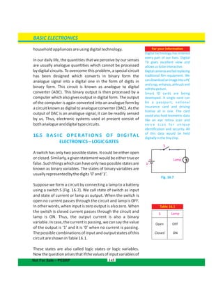 household appliances are using digital technology.
In our daily life, the quantities that we perceive by our senses
are usually analogue quantities which cannot be processed
by digital circuits. To overcome this problem, a special circuit
has been designed which converts in binary form the
analogue signal into a digital one in the form of digits in
binary form. This circuit is known as analogue to digital
converter (ADC). This binary output is then processed by a
computer which also gives output in digital form. The output
of the computer is again converted into an analogue form by
a circuit known as digital to analogue converter (DAC). As the
output of DAC is an analogue signal, it can be readily sensed
by us. Thus, electronic systems used at present consist of
bothanalogueanddigitaltypecircuits.
16.5 B A S I C O P E R AT I O N S O F D I G I TA L
ELECTRONICS–LOGICGATES
A switch has only two possible states. It could be either open
or closed.Similarly,a given statement would be eithertrueor
false. Such things which can have only two possible states are
known as binary variables. The states of variables arebinary
usuallyrepresentedbythedigits‘0’and‘1’.
Suppose we form a circuit by connecting a lamp to a battery
using a switch S (Fig. 16.7). We call state of switch as input
and state of current or lamp as output. When the switch is
open no current passes through the circuit and lamp is OFF.
In other words, when input is zero output is also zero. When
the switch is closed current passes through the circuit and
lamp is ON. Thus, the output current is also a binary
variable. In case, the current is passing, we can say the value
of the output is ‘1’ and it is ‘0’ when no current is passing.
The possible combinations of input and output states of this
circuit are shown in Table 16.1.
These states are also called logic states or logic variables.
Nowthequestionarisesthatifthevaluesofinputvariablesof
BASIC ELECTRONICS
Not For Sale – PESRP
For your information
Digital technology has entered
every part of our lives. Digital
TV gives excellent view and
allowsustobeinteractive.
Digitalcamerasarefastreplacing
traditional film equipment. We
candownloadanimageintoaPC
andcrop,enhance,airbrushand
editthepicture.
Smart ID cards are being
developed. A single card can
be a passport, national
insurance card and driving
license all in one. The card
could also hold biometric data
like an eye retina scan and
voice scan for unique
identification and security. All
of this data would be held
digitallyinthetinychip.
Fig. 16.7
V
+
-
Table 16.1
S
Lamp
S
Open
Closed
OFF
ON
Lamp
145
 