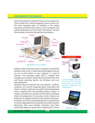 refers to the parts of a computer that you can see and touch.
These include CPU, monitor, keyboard, mouse, printer, etc.
The most important piece of hardware is the central
processing unit (CPU) that contains a tiny rectangular chip
calledmicroprocessor.Itisthe“brain”ofcomputer—thepart
thattranslatesinstructionsandperformscalculations.
Fig. 17.10: Parts of a computer
Software refers to the instructions, or programs, that tell the
hardware what to do. A word processing program that you
can use to write letters on your computer is a type of
software. The operating system (OS) is software that
managesyourcomputerandthedevicesconnectedtoit.Two
well known operating systems are Windows and Linux
operatingsystem.
Computer plays an important role in our daily life. In offices,
computers are used for preparing letters, documents and
reports.Inhotels,computersareusedforadvancebookingof
rooms, preparing bills and providing enquiry services. In
railways, computers are used for rail reservation, printing of
tickets and preparation of reservation charts. Doctors use
computers for diagnosing illness and treatment of diseases.
Architects use them for building designing and city planning.
Inmeteorologydepartment,computersareusedforweather
forecasting. Now usual desktop computers have been
replaced by laptops to a great extent. Laptops (Fig 17.11) are
163
Do you know?
A single fibreoptic cable can
carry more than enough
information to support
television, telephone, and
computerdata.
TV
Fibre optic
cable
Voice
Data
INFORMATION TECHNOLOGY
Not For Sale – PESRP
Monitor
Disk drive
Floppy disk
Laser printer
CD-ROM
CD-ROM drive Keyboard Mouse
Modem
Speaker
Memory
CPU
Fig. 17.11: Laptop
 