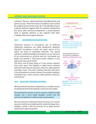 substance.Theyare: alpha( )particles;beta( )particles;and 
gamma ( ) rays. These three forms of radiations were studied
byusingtheschemeshowninFig.18.3.Theradioactivesource
is placed inside the magnetic field. The radiation emitted from
the source splits into three components: and -radiations 
bend in opposite direction in the magnetic field while.. .. .. .. .. .. .. ..
-radiationdoesnotchangeitsdirection.
18.3 BACKGROUNDRADIATIONS
Radiations present in atmosphere due to different
radioactive substances are called background radiations
(Fig.18.4). Everywhere in rocks, soil, water, and air of our
planet are traces of radioactive elements. This natural
radiationiscalledthebackgroundradiation.Itisasmuchpart
of our environment as sunshine and rain. Fortunately, our
bodies can tolerate it. Only places where radiation is very
highcanbeinjurioustohealth.
The Earth, and all living things on it also receive radiation
from outer space. This radiation is called cosmic radiation
whichprimarilyconsistsofprotons,electrons,alphaparticles
and larger nuclei. The cosmic radiation interacts with atoms
in the atmosphere to create a shower of secondary radiation,
including X-rays, muons, protons, alpha particles, electrons,
andneutrons.
18.4 NUCLEARTRANSMUTATIONS
Weknowthatduringnaturalradioactivity,anunstablenucleus
ofradioactiveelementdisintegratestobecomemorestable.
The spontaneous process in which a parent unstable nuclide
changes into a more stable daughter nuclide with the
emissionofradiationsiscallednucleartransmutation
Now we represent radioactive decay by means of a nuclear
equationinwhichanunstableparentnuclideXchangesintoa
daughter nuclide Y with the emission of an alpha particle,
betaparticleorgammaparticle.
177
Fig.18.3: Three types of
radiationscanbedistinguished
from their path followed in an
externalmagneticfield
Photographic film
Megnetic field
(into page)
Radiaoactive source
Lead block
-particles
-particles
Fig.18.4: The sources of
background radiation from the
environment
Environmental sources
of , and radiations  
(alpha, beta and gamma only)
21%
Cosmic
rays
2%
Fallout 20%
Radon
gas
57%
Natural radioactivity in
rocks and soil
ATOMIC AND NUCLEAR PHYSICS
Not For Sale – PESRP
-rays
 