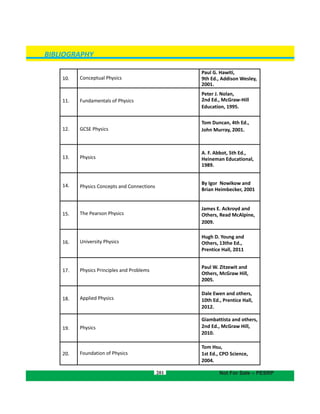 201
BIBLIOGRAPHY
Not For Sale – PESRP
10. Conceptual Physics
Paul G. Hawiti,
9th Ed., Addison Wesley,
2001.
11. Fundamentals of Physics
Peter J. Nolan,
2nd Ed., McGraw-Hill
Education, 1995.
12. GCSE Physics
Tom Duncan, 4th Ed.,
John Murray, 2001.
13. Physics
A. F. Abbot, 5th Ed.,
14.
15.
Physics Concepts and Connections
16.
17.
18.
19.
20.
The Pearson Physics
James E. Ackroyd and
Others, Read McAlpine,
2009.
Prentice Hall, 2011
University Physics
Hugh D. Young and
Others, 13the Ed.,
Physics Principles and Problems
Applied Physics
Physics
Foundation of Physics
Paul W. Zitzewit and
Others, McGraw Hill,
2005.
Heineman Educational,
1989.
By Igor Nowikow and
Brian Heimbecker, 2001
Dale Ewen and others,
10th Ed., Prentice Hall,
2012.
Giambattista and others,
Tom Hsu,
2nd Ed., McGraw Hill,
1st Ed., CPO Science,
2010.
2004.
 