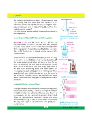 SOUND
the ball gently with the prong of a vibrating tuning fork.
The tuning fork will push the ball because of its
vibrations. Now if we dip the vibrating tuning fork into a
glass of water, we will see a splash (Fig. 11.4). What does
make the water splash?
From this activity, we can conclude that sound is produced by
vibratingbodies.
SoundRequiresMaterialMediumforitsPropagation
Activity 11.2: Unlike light waves which are
electromagnetic in nature and can also pass through
vacuum, sound waves require some material medium for
their propagation. This can be proved by bell jar apparatus
(Fig. 11.5). The bell jar is placed on the platform of a
vacuum pump.
An electric bell is suspended in the bell jar with the help
of two wires connected to a power supply. By setting ON
the power supply, electric bell will begin to ring. We can
hear the sound of the bell. Now start pumping out air
from the jar by means of a vacuum pump. The sound of
the bell starts becoming more and more feeble and
eventually dies out, although bell is still ringing. When
we put the air back into the jar, we can hear the sound of
the bell again. From this activity, we conclude that sound
waves can only travel/propagate in the presence of air
(medium).
LongitudinalNatureofSoundWaves
Propagation of sound waves produced by vibrating tuning
fork can be understood by a vibrating tuning fork as shown
in Fig.11.6. Before the vibration of tuning fork, density of
air molecules on the right side is uniform (Fig.11.6-a).
When the right prong of tuning fork moves from mean
position O to B (Fig.11.6-b), it exerts some pressure on
the adjacent layer of air molecules and produces a
compression.
Fig. 11.4
Fig. 11.3: The production of sound
waves from a vibrating tuning
fork
Fig. 11.5: Bell jar apparatus
21
Power supply
Bell jar
Electric bell
Vacuum pump
(a)
(b)
(c)
Fig.11.6: Vibrations of tuning fork
after striking with a rubber
Thread
Vibrating
tuning fork
Table tennis
ball
Vibrating
tuning fork
Glass
Water
A O B
O B
A O
Not For Sale – PESRP
 