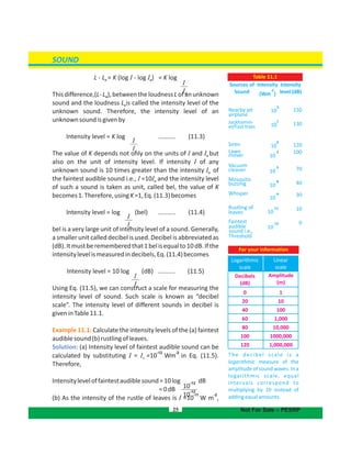 SOUND
L - L = K (log - log ) = K logI Io o
Thisdifference,(L-L ),betweentheloudnessLofanunknowno
sound and the loudness L is called the intensity level of theo
unknown sound. Therefore, the intensity level of an
unknownsoundisgivenby
Intensity level = K log .......... (11.3)
The value of K depends not only on the units of and butI Io
also on the unit of intensity level. If intensity of anyI
unknown sound is 10 times greater than the intensity ofIo
the faintest audible sound i.e., =10 and the intensity levelI Io
of such a sound is taken as unit, called bel, the value of K
becomes1.Therefore,usingK=1,Eq.(11.3)becomes
Intensity .......... (11.4)level = log (bel)
bel is a very large unit of intensity level of a sound. Generally,
a smaller unit called decibel is used. Decibel is abbreviated as
(dB).Itmustberememberedthat1belisequalto10dB.Ifthe
intensitylevelismeasuredindecibels,Eq.(11.4)becomes
Intensity .......... (11.5)level = 10 log (dB)
Using Eq. (11.5), we can construct a scale for measuring the
intensity level of sound. Such scale is known as “decibel
scale”. The intensity level of different sounds in decibel is
giveninTable11.1.
Example 11.1: Calculate the intensity levels of the (a) faintest
audiblesound(b)rustlingofleaves.
Solution: (a) Intensity level of faintest audible sound can be
-12 -2
calculated by substituting = 10 Wm in Eq. (11.5).oI I =
Therefore,
Intensityleveloffaintest sound=10log dBaudible
=0dB
-11 -2
(b) As the intensity of the rustle of leaves is =10 W m ,I
25
Sources of
Sound
Nearby jet
airplane
Jackhamm-
er/Fast train
Siren
Lawn
mover
Vacuum
cleaner
Mosquito
buzzing
Whisper
Rustling of
leaves
Faintest
audible
sound i.e.,
Threshold
Intensity
(Wm )
-2
3
10
1
10
0
10
-2
10
-5
10
-8
10
-9
10
-11
10
-12
10
Intensity
level (dB)
150
130
120
100
70
40
30
10
0
Table 11.1
Not For Sale – PESRP
For your information
The decibel scale is a
logarithmic measure of the
amplitude of sound waves. In a
logarithmic scale, equal
intervals correspond to
multiplying by 10 instead of
addingequalamounts.
Decibels
(dB)
Amplitude
(m)
0
20
40
60
80
100
120
1
10
100
1,000
10,000
1000,000
1,000,000
Logarithmic
scale
Linear
scale
I
Io
10
-12
10
-12
I
Io
I
Io
I
Io
 