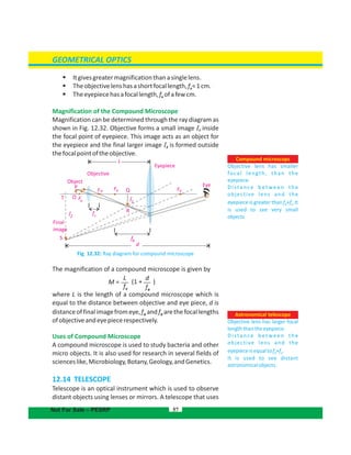 GEOMETRICAL OPTICS
 Itgivesgreatermagnificationthanasinglelens.
 Theobjectivelenshasashortfocallength,ƒ <1cm.o
 Theeyepiecehasafocallength,ƒ ofafewcm.e
Magnification of the Compound Microscope
Magnification can be determined through the ray diagram as
shown in Fig. 12.32. Objective forms a small image insideI1
the focal point of eyepiece. This image acts as an object for
the eyepiece and the final larger image I is formed outside2
thefocalpointoftheobjective.
Fig. 12.32: Ray diagram for compound microscope
The magnification of a compound microscope is given by
where L is the length of a compound microscope which is
equal to the distance between objective and eye piece, d is
distanceoffinalimagefromeye,f andf arethefocallengthso e
ofobjectiveandeyepiecerespectively.
Uses of Compound Microscope
A compound microscope is used to study bacteria and other
micro objects. It is also used for research in several fields of
scienceslike,Microbiology,Botany,Geology,andGenetics.
12.14 TELESCOPE
Telescope is an optical instrument which is used to observe
distant objects using lenses or mirrors. A telescope that uses
57Not For Sale – PESRP
Compound microscops
Objective lens has smaller
focal length, than the
eyepiece.
Distance between the
objective lens and the
eyepiece is greater than f +f .It0 e
is used to see very small
objects.
Astronomical telescope
Objective lens has larger focal
lengththantheeyepiece.
Distance between the
objective lens and the
eyepieceisequaltof +f .0 e
It is used to see distant
astronomicalobjects.
Eyepiece
Objective
Object
P
O Fo
T
F QeF
f
o
o
fe
d
I1
R
I2
S
Final
image
Fe
Eye
L
L
fo
d
fe
M = (1 + )
 