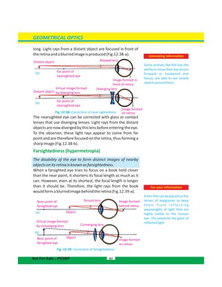 GEOMETRICAL OPTICS
61Not For Sale – PESRP
Near point of
farsighted eye
Tensed lens Image formed
behind retina
Image formed
on retina
Object
ObjectNear point of
farsighted eye
Virtual image formed
by converging lens Converging lens
Interesting information
Some animals like fish has the
ability to move their eye lenses
forward or backward and
hence, are able to see clearly
objectsaroundthem.
For your information
Athinfilmcanbeplacedonthe
lenses of eyeglasses to keep
t h e m f r o m r e f l e c t i n g
wavelengths of light that are
highly visible to the human
eye. This prevents the glare of
reflectedlight.
Image formed in
front of retina
Image formed
on retina
Far point of
nearsighted eye
Far point of
nearsighted eye
(b)
Distant object Relaxed lens
Distant object
Virtual image formed
by diverging lens
(a)
long. Light rays from a distant object are focused in front of
theretinaandablurredimageisproduced(Fig.12.38-a).
Fig. 12.38: Correction of near sightedness
The nearsighted eye can be corrected with glass or contact
lenses that use diverging lenses. Light rays from the distant
objectsarenowdivergedbythislensbeforeenteringtheeye.
To the observer, these light rays appear to come from far
point and are therefore focused on the retina, thus forming a
sharpimage(Fig.12.38-b).
Farsightedness (hypermetropia)
The disability of the eye to form distinct images of nearby
objectsonitsretinaisknownasfarsightedness.
When a farsighted eye tries to focus on a book held closer
than the near point, it shortens its focal length as much as it
can. However, even at its shortest, the focal length is longer
than it should be. Therefore, the light rays from the book
wouldformablurredimagebehindtheretina(Fig.12.39-a).
Fig. 12.39: Correction of farsightedness
Diverging lens
(b)
(a)
 