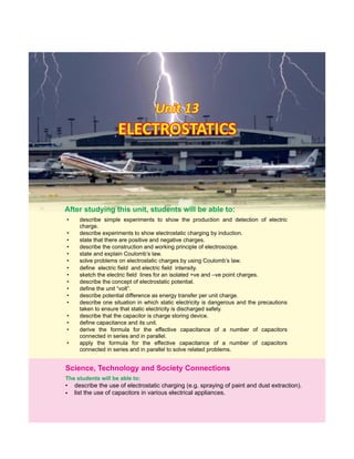 •
•
describe the use of electrostatic charging (e.g. spraying of paint and dust extraction).
Science, Technology and Society Connections
list the use of capacitors in various electrical appliances.
The students will be able to:
Unit 13Unit 13Unit 13
• describe simple experiments to show the production and detection of electric
charge.
• describe experiments to show electrostatic charging by induction.
• state that there are positive and negative charges.
• describe the construction and working principle of electroscope.
• state and explain Coulomb’s law.
• solve problems on electrostatic charges by using Coulomb’s law.
• define electric field and electric field intensity.
• sketch the electric field lines for an isolated +ve and –ve point charges.
• describe the concept of electrostatic potential.
• define the unit “volt”.
• describe potential difference as energy transfer per unit charge.
• describe one situation in which static electricity is dangerous and the precautions
taken to ensure that static electricity is discharged safely.
• describe that the capacitor is charge storing device.
• define capacitance and its unit.
• derive the formula for the effective capacitance of a number of capacitors
connected in series and in parallel.
• apply the formula for the effective capacitance of a number of capacitors
connected in series and in parallel to solve related problems.
ELECTROSTATICSELECTROSTATICSELECTROSTATICS
After this students will be able to:studying unit,
 