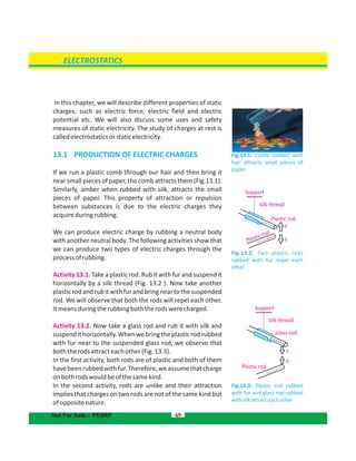 In this chapter, we will describe different properties of static
charges, such as electric force, electric field and electric
potential etc. We will also discuss some uses and safety
measures of static electricity. The study of charges at rest is
calledelectrostaticsorstaticelectricity.
13.1  PRODUCTION OF ELECTRIC CHARGES
If we run a plastic comb through our hair and then bring it
near small pieces of paper, the comb attracts them (Fig.13.1).
Similarly, amber when rubbed with silk, attracts the small
pieces of paper. This property of attraction or repulsion
between substances is due to the electric charges they
acquireduringrubbing.
We can produce electric charge by rubbing a neutral body
with another neutral body. The following activities show that
we can produce two types of electric charges through the
processofrubbing.
Activity 13.1. Take a plastic rod. Rub it with fur and suspend it
horizontally by a silk thread (Fig. 13.2 ). Now take another
plasticrodandrubitwithfurandbringneartothesuspended
rod. We will observe that both the rods will repel each other.
Itmeansduringtherubbingboththerodswerecharged.
Activity 13.2. Now take a glass rod and rub it with silk and
suspendithorizontally.Whenwebringtheplasticrodrubbed
with fur near to the suspended glass rod, we observe that
boththerodsattracteachother(Fig.13.3).
In the first activity, both rods are of plastic and both of them
havebeenrubbedwithfur.Therefore,weassumethatcharge
onbothrodswouldbeofthesamekind.
In the second activity, rods are unlike and their attraction
implies that charges on two rods are not of the same kind but
ofoppositenature.
69
ELECTROSTATICS
Fig.13.1: Comb rubbed with
hair attracts small pieces of
paper
Fig.13.2: Two plastic rods
rubbed with fur repel each
other
Fig.13.3: Plastic rod rubbed
with fur and glass rod rubbed
withsilkattracteachother
Not For Sale – PESRP
Silk thread
Plastic rod
Plastic rod
F
F
F
FPlastic rod
Silk thread
Support
Support
Glass rod
 