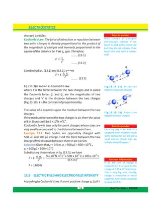 chargedparticles.
Coulomb's Law: The force of attraction or repulsion between
two point charges is directly proportional to the product of
the magnitude of charges and inversely proportional to the
squareofthedistancebetweenthem.Therefore,
........(13.1)
........(13.2)
CombiningEqs.(13.1)and(13.2),weget
........ (13.3)
Eq.(13.3)isknownasCoulomb’slaw.
where F is the force between the two charges and is called
the Coulomb force, q and q are the of two1 2 magnitudes
charges and ‘r’ is the distance between the two charges
(Fig.13.10).kistheconstantofproportionality.
The value of k depends upon the medium between the two
charges.
If the medium between the two charges is air, then the value
9 2 -2
ofkinSIunitswillbe9×10 Nm C .
Coulomb's law is true only for point charges whose sizes are
verysmallascomparedtothedistancebetweenthem.
Example 13.1: Two bodies are oppositely charged with
500 C and 100 C charge. Find the force between the twoµ µ
chargesifthedistancebetweentheminairis0.5m.
Solution:
-6
Giventhat, q =500µC=500×10 C,1r=0.5m,
-6
q =100µC=100×10 C2
SubstitutingthesevaluesinEq.(13.3),wehave
13.5 ELECTRICFIELDANDELECTRICFIELDINTENSITY
According to Coulomb's law, if a unit positive charge q (call it0
74
ELECTROSTATICS
Point to ponder
Why leaves of charged
electroscope collapse if we
touch its disk with a metal rod
but they do not if wecollapse
touch the disk with a rubber
rod?
Fig.13.10 (a) Attraction
betweenoppositecharges
Fig.13.10 (b) Repulsion
betweensimilarcharges
F
F
F
q
q
q
1
1
2
r
q2
r
Not For Sale – PESRP
For your information
In SI, the unit of charge is
coulomb (C). It is equal to the
18
charge of 6.25 x 10 electrons.
This is very big unit. Usually,
charge is measured in micro
coulomb. One micro coulomb
-6
isequalto10 C.
Point to ponder
On a dry day if we walk in a
carpeted room and then touch
some conductor we will get a
small electric shock! Can we
tellwhydoesithappen?
‫ﻮ‬1qqF 
‫ﻮ‬
1
r
F 
F q q1 2
F
F = k
F = k =
1
r
2
q q1 2
r
2
q q1 2
r
2
9 x 10 C x 500 x 10 C x 100 x 10 C
9 2 -2 -6 -6
N m
(0.5 m)
2
F = 1800 N
 