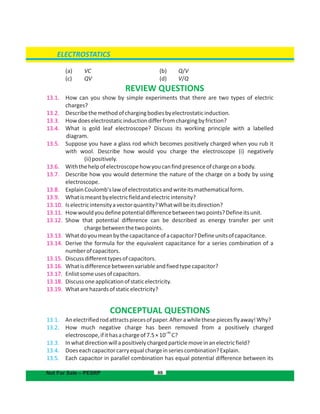 88
ELECTROSTATICS
Not For Sale – PESRP
( (a) VC b) Q/V
(c) (QV d) V/Q
REVIEW QUESTIONS
13.1. How can you show by simple experiments that there are two types of electric
charges?
13.2. Describethemethodofchargingbodiesbyelectrostaticinduction.
13.3. Howdoeselectrostaticinductiondifferfromchargingbyfriction?
13.4. What is gold leaf electroscope? Discuss its working principle with a labelled
diagram.
13.5. Suppose you have a glass rod which becomes positively charged when you rub it
with wool. Describe how would you charge the electroscope (i) negatively
(ii)positively.
13.6. Withthehelpofelectroscopehowyoucanfindpresenceofchargeonabody.
13.7. Describe how you would determine the nature of the charge on a body by using
electroscope.
13.8. ExplainCoulomb'slawofelectrostaticsandwriteitsmathematicalform.
13.9. Whatismeantbyelectricfieldandelectricintensity?
13.10. Iselectricintensityavectorquantity?Whatwillbeitsdirection?
13.11. Howwouldyoudefinepotentialdifferencebetweentwopoints?Defineitsunit.
13.12. Show that potential difference can be described as energy transfer per unit
chargebetweenthetwopoints.
13.13. Whatdoyoumeanbythecapacitanceofacapacitor?Defineunitsofcapacitance.
13.14. Derive the formula for the equivalent capacitance for a series combination of a
numberofcapacitors.
13.15. Discussdifferenttypesofcapacitors.
13.16. Whatisdifferencebetweenvariableandfixedtypecapacitor?
13.17. Enlistsomeusesofcapacitors.
13.18. Discussoneapplicationofstaticelectricity.
13.19. Whatarehazardsofstaticelectricity?
CONCEPTUAL QUESTIONS
13.1. Anelectrifiedrodattractspiecesofpaper.Afterawhilethesepiecesflyaway!Why?
13.2. How much negative charge has been removed from a positively charged
–11
electroscope,ifithasachargeof7.5×10 C?
13.3. Inwhatdirectionwillapositivelychargedparticlemoveinanelectricfield?
13.4. Doeseachcapacitorcarryequalchargeinseriescombination?Explain.
13.5. Each capacitor in parallel combination has equal potential difference between its
 