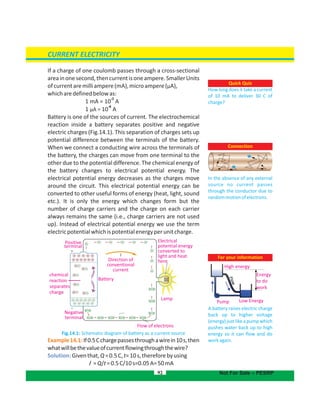 If a charge of one coulomb passes through a cross-sectional
areainonesecond,thencurrentisoneampere.SmallerUnits
ofcurrentaremilliampere(mA),microampere(µA),
whicharedefinedbelowas:
1 mA = 10 A
-3
1 µA = 10 A
-6
Battery is one of the sources of current. The electrochemical
reaction inside a battery separates positive and negative
electric charges (Fig.14.1). This separation of charges sets up
potential difference between the terminals of the battery.
When we connect a conducting wire across the terminals of
the battery, the charges can move from one terminal to the
other due to the potential difference. The chemical energy of
the battery changes to electrical potential energy. The
electrical potential energy decreases as the charges move
around the circuit. This electrical potential energy can be
converted to other useful forms of energy (heat, light, sound
etc.). It is only the energy which changes form but the
number of charge carriers and the charge on each carrier
always remains the same (i.e., charge carriers are not used
up). Instead of electrical potential energy we use the term
electricpotentialwhichispotentialenergyperunitcharge.
Fig.14.1: Schematic diagram of battery as a current source
Example14.1:If0.5Cchargepassesthroughawirein10s,then
whatwillbethevalueofcurrentflowingthroughthewire?
Solution:Giventhat,Q=0.5C,t=10s,thereforebyusing
I =Q/t=0.5C/10s=0.05A=50mA
92
Quick Quiz
How long does it take a current
of 10 mA to deliver 30 C of
charge?
Connection
In the absence of any external
source no current passes
through the conductor due to
randommotionofelectrons.
For your information
A battery raises electric charge
back up to higher voltage
(energy) just like a pump which
pushes water back up to high
energy so it can flow and do
workagain.
Positive
terminal
Battery
Negative
terminal
Flow of electrons
Lamp
Electrical
potential energy
converted to
light and heat
hereDirection of
conventional
current
High energy
Energy
to do
work
Low EnergyPump
CURRENT ELECTRICITY
I
Not For Sale – PESRP
chemical
reaction
separates
charge
 