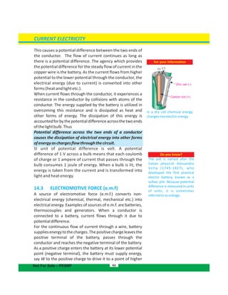This causes a potential difference between the two ends of
the conductor. The flow of current continues as long as
there is a potential difference. The agency which provides
the potential difference for the steady flow of current in the
copper wire is the battery. As the current flows from higher
potential to the lower potential through the conductor, the
electrical energy (due to current) is converted into other
forms (heat and light etc.).
When current flows through the conductor, it experiences a
resistance in the conductor by collisions with atoms of the
conductor. The energy supplied by the battery is utilized in
overcoming this resistance and is dissipated as heat and
other forms of energy. The dissipation of this energy is
accountedforbythepotentialdifferenceacrossthetwoends
ofthelightbulb.Thus
Potential difference across the two ends of a conductor
causes the dissipation of electrical energy into other forms
ofenergyaschargesflowthroughthecircuit.
SI unit of potential difference is volt. A potential
difference of 1 V across a bulb means that each coulomb
of charge or 1 ampere of current that passes through the
bulb consumes 1 joule of energy. When a bulb is lit, the
energy is taken from the current and is transformed into
light and heat energy.
14.3 ELECTROMOTIVE FORCE (e.m.f)
A source of electromotive force (e.m.f.) converts non-
electrical energy (chemical, thermal, mechanical etc.) into
electrical energy. Examples of sources of e.m.f. are batteries,
thermocouples and generators. When a conductor is
connected to a battery, current flows through it due to
potentialdifference.
For the continuous flow of current through a wire, battery
suppliesenergytothecharges.Thepositivechargeleavesthe
positive terminal of the battery, passes through the
conductor and reaches the negative terminal of the battery.
As a positive charge enters the battery at its lower potential
point (negative terminal), the battery must supply energy,
say to the positive charge to drive it to a point of higherW
95
CURRENT ELECTRICITY
Not For Sale – PESRP
For your information
In a dry cell chemical energy
changesintoelectricenergy.
Do you know?
The volt is named after the
Italian physicist Alessandro
Volta (1745-1827), who
developed the first practical
electric battery, known as a
voltaic pile. Because potential
difference is measured in units
of volts, it is sometimes
referredtoasvoltage.
Zinc can (-)
Carbon rod (+)
 
