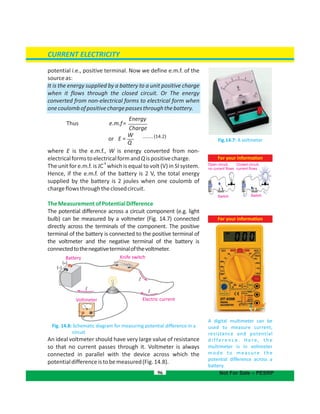 For your information
A digital multimeter can be
used to measure current,
resistance and potential
d i f fe r e n c e . H e r e , t h e
multimeter is in voltmeter
mode to measure the
potential difference across a
battery.
potential i.e., positive terminal. Now we define e.m.f. of the
sourceas:
It is the energy supplied by a battery to a unit positive charge
when it flows through the closed circuit. Or The energy
converted from non-electrical forms to electrical form when
onecoulombofpositivechargepassesthroughthebattery.
Energy
Thus e.m.f=
........(14.2)
where E is the e.m.f., W is energy converted from non-
electricalformstoelectricalformandQispositivecharge.
-1
The unit for e.m.f. is JC which is equal to volt (V) in SI system.
Hence, if the e.m.f. of the battery is 2 V, the total energy
supplied by the battery is 2 joules when one coulomb of
chargeflowsthroughtheclosedcircuit.
TheMeasurementofPotentialDifference
The potential difference across a circuit component (e.g. light
bulb) can be measured by a voltmeter (Fig. 14.7) connected
directly across the terminals of the component. The positive
terminal of the battery is connected to the positive terminal of
the voltmeter and the negative terminal of the battery is
connectedtothenegativeterminalofthevoltmeter.
An ideal voltmeter should have very large value of resistance
so that no current passes through it. Voltmeter is always
connected in parallel with the device across which the
potentialdifferenceistobemeasured .(Fig.14.8)
Fig.14.7: A voltmeter
CURRENT ELECTRICITY
Not For Sale – PESRP
Charge
96
Battery Knife switch
Electric currentVoltmeter
Fig. 14.8: Schematic diagram for measuring potential difference in a
circuit
For your information
Closed circuit,
current flows
Open circuit,
no current flows
Switch Switch
W
Q
or E =
I
I
I
 