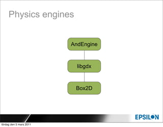 Physics engines


                         AndEngine



                           libgdx



                          Box2D




lördag den 5 mars 2011
 