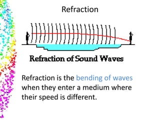 Refraction




Refraction is the bending of waves
when they enter a medium where
their speed is different.
 