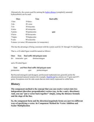 Alternatively, the system used for naming the higher alkanes (completely saturated
hydrocarbons) can be used:

      Ones                      Tens                 final suffix
1 hen-              10 deca-
2 do-               20 -cosa-
3 tri-              30 triaconta-
4 tetra-            40 tetraconta-
5 penta-            50 pentaconta-                      -gon
6 hexa-             60 hexaconta-
7 hepta-            70 heptaconta-
8 octa-             80 octaconta-
9 ennea- (or nona-) 90 enneaconta- (or nonaconta-)

This has the advantage of being consistent with the system used for 10- through 19-sided figures.

That is, a 42-sided figure would be named as follows:

Ones Tens final suffix full polygon name
do- tetraconta- -gon   dotetracontagon

and a 50-sided figure

   Tens     and Ones final suffix full polygon name
pentaconta-          -gon         pentacontagon

But beyond enneagons and decagons, professional mathematicians generally prefer the
aforementioned numeral notation (for example, MathWorld has articles on 17-gons and 257-
gons). Exceptions exist for side counts that are more easily expressed in verbal form.

History
The component method is the concept that you can resolve vectors into two
independent (therefore perpendicular) vectors (say, in the x and y directions).
And, you can "put a vector back together" simply, using the distance formula
and the slope of the line.

So, the component form and the direction/magnitude forms are just two different
ways of specifying a vector. he Component Method for Vector Addition and
Scalar Multiplication
 
