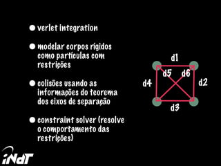 •verlet integration
•modelar corpos rígidos
como partículas com
restrições
•colisões usando as
informações do teorema
dos eixos de separação
•constraint solver (resolve
o comportamento das
restrições)
d1
d2
d3
d4
d5 d6
 