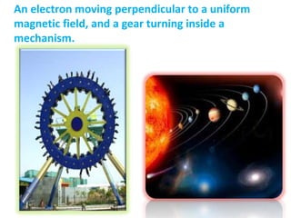 An electron moving perpendicular to a uniform
magnetic field, and a gear turning inside a
mechanism.
 