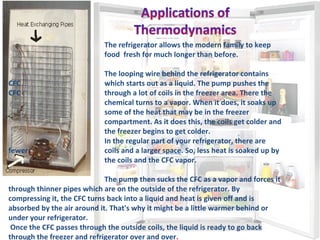 The refrigerator allows the modern family to keep
food fresh for much longer than before.
The looping wire behind the refrigerator contains
CFC which starts out as a liquid. The pump pushes the
CFC through a lot of coils in the freezer area. There the
chemical turns to a vapor. When it does, it soaks up
some of the heat that may be in the freezer
compartment. As it does this, the coils get colder and
the freezer begins to get colder.
In the regular part of your refrigerator, there are
fewer coils and a larger space. So, less heat is soaked up by
the coils and the CFC vapor.
The pump then sucks the CFC as a vapor and forces it
through thinner pipes which are on the outside of the refrigerator. By
compressing it, the CFC turns back into a liquid and heat is given off and is
absorbed by the air around it. That's why it might be a little warmer behind or
under your refrigerator.
Once the CFC passes through the outside coils, the liquid is ready to go back
through the freezer and refrigerator over and over.
 