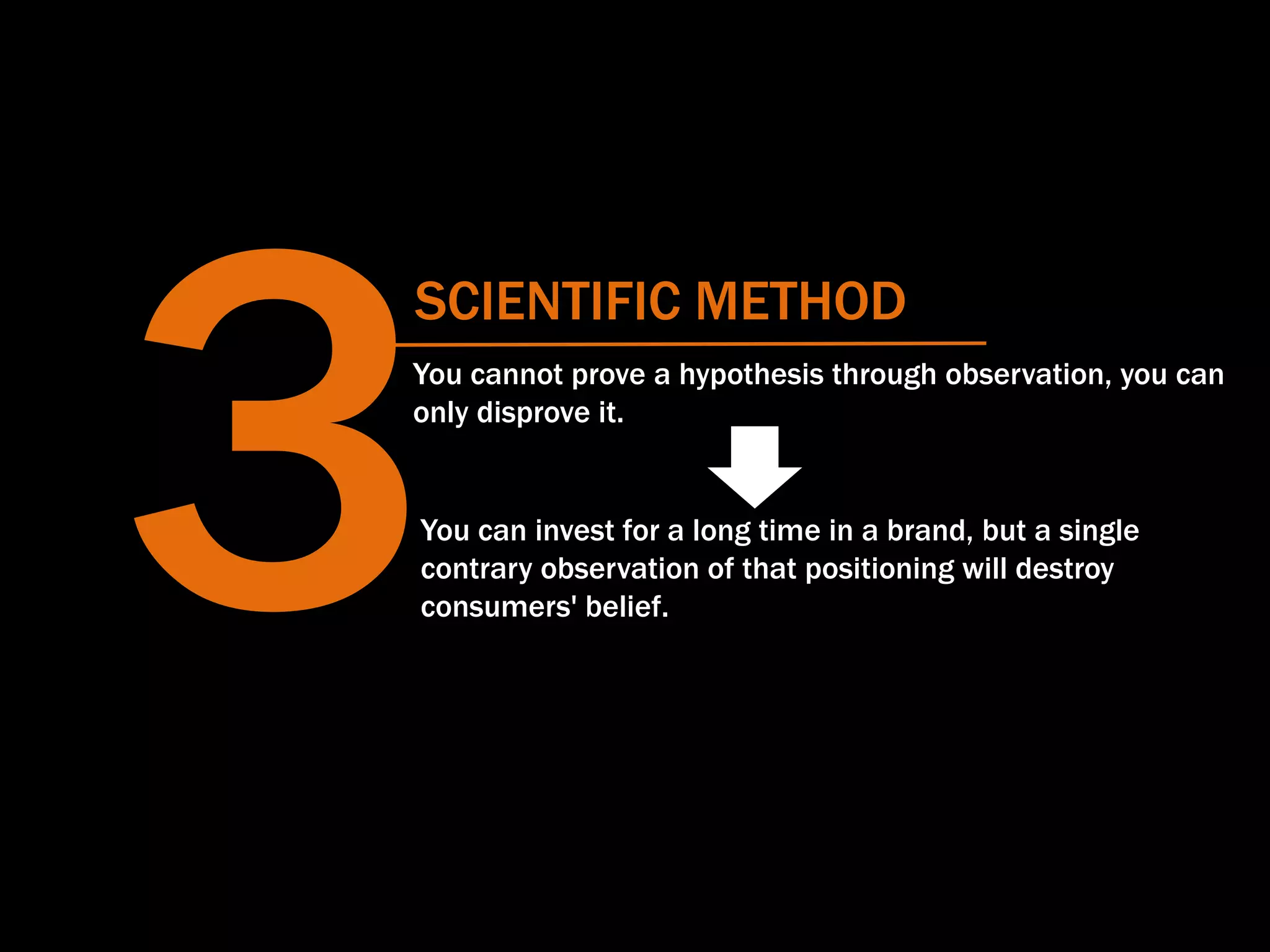 SCIENTIFIC METHOD
You cannot prove a hypothesis through observation, you can
only disprove it.
You can invest for a long time in a brand, but a single
contrary observation of that positioning will destroy
consumers' belief.
 