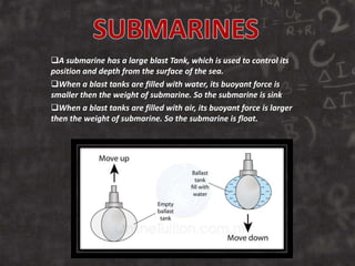 A submarine has a large blast Tank, which is used to control its
position and depth from the surface of the sea.
When a blast tanks are filled with water, its buoyant force is
smaller then the weight of submarine. So the submarine is sink
When a blast tanks are filled with air, its buoyant force is larger
then the weight of submarine. So the submarine is float.
 