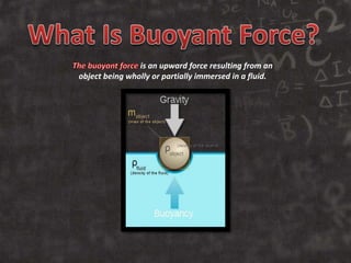 is an upward force resulting from an
object being wholly or partially immersed in a fluid.
 