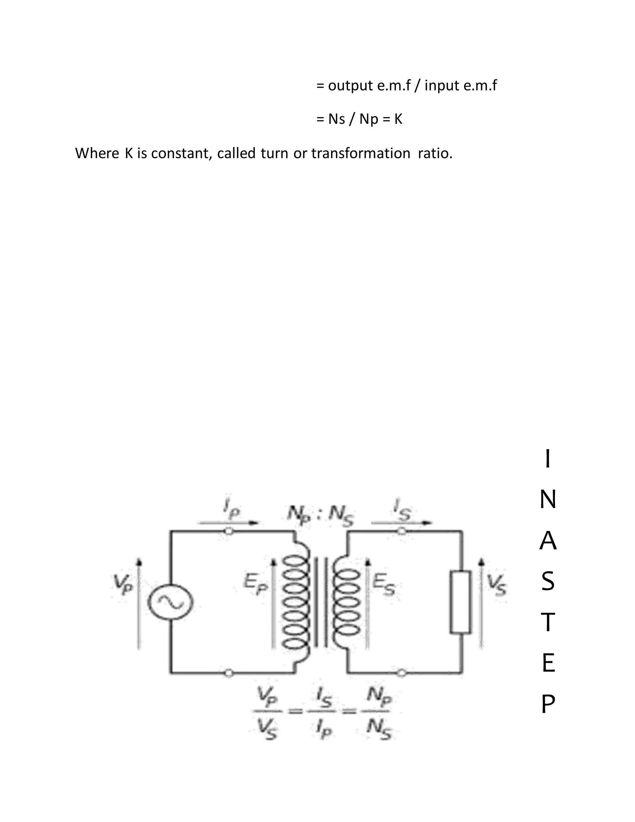 = output e.m.f / input e.m.f
= Ns / Np = K
Where K is constant, called turn or transformation ratio.
I
N
A
S
T
E
P
 