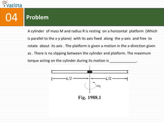 Problem04A cylinder  of mass M and radius R is resting  on a horizontal  platform  (Which  is parallel to the x-y plane)  with its axis fixed  along  the y-axis  and free  to rotate  about  its axis . The platform is given a motion in the x-direction given as . There is no slipping between the cylinder and platform. The maximum torque acting on the cylinder during its motion is _____________.