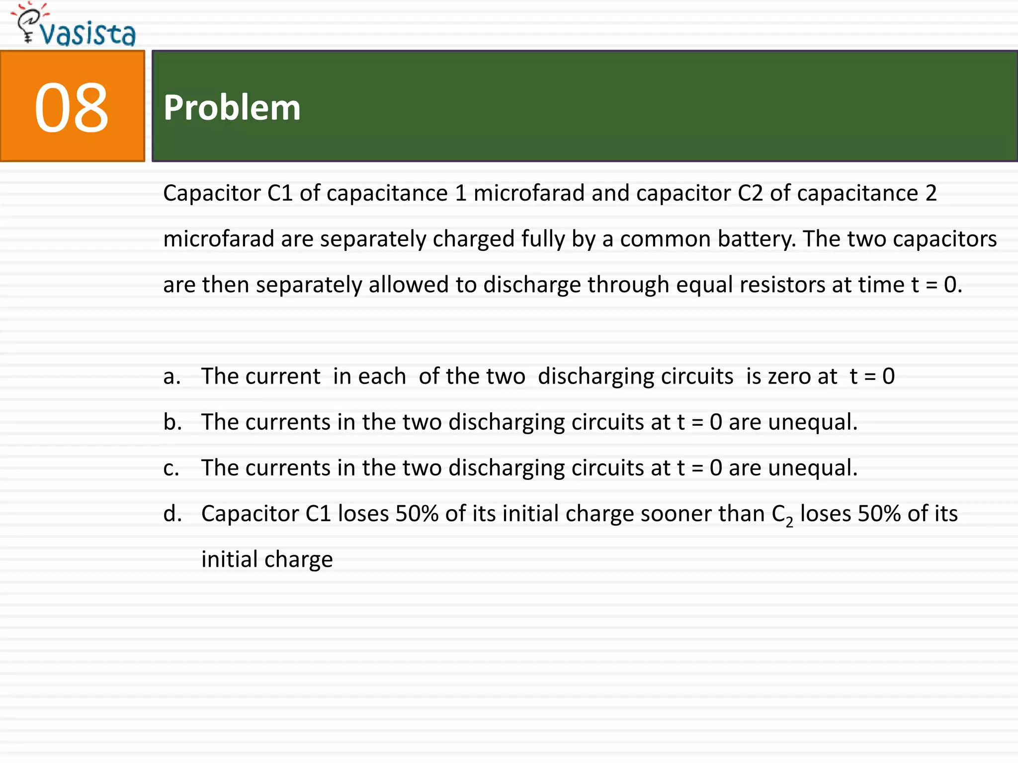 Problem08Capacitor C1 of capacitance 1 microfarad and capacitor C2 of capacitance 2 microfarad are separately charged fully by a common battery. The two capacitors are then separately allowed to discharge through equal resistors at time t = 0. The current  in each  of the two  discharging circuits  is zero at  t = 0The currents in the two discharging circuits at t = 0 are unequal.The currents in the two discharging circuits at t = 0 are unequal. Capacitor C1 loses 50% of its initial charge sooner than C2 loses 50% of its initial charge