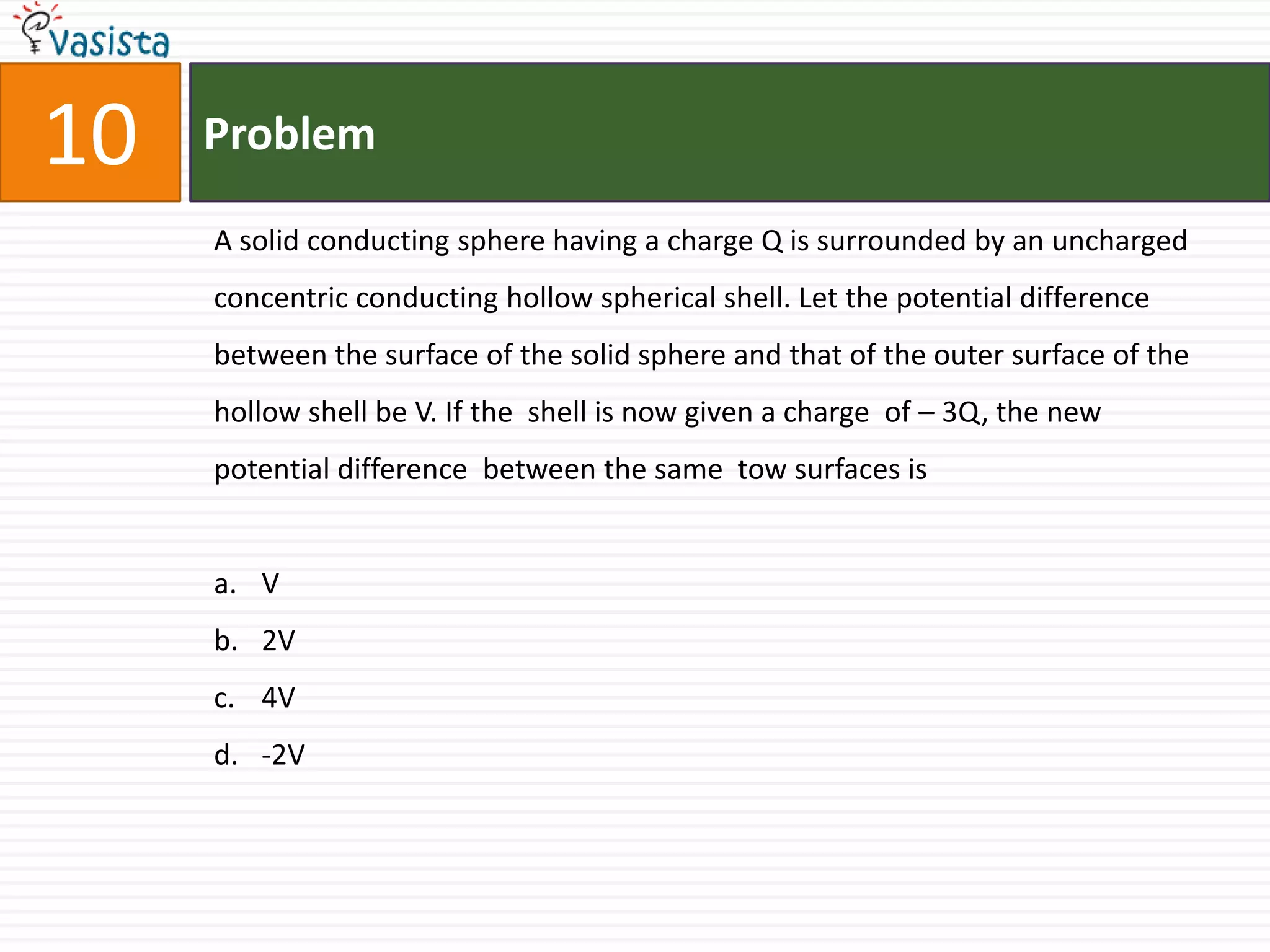 Problem10A solid conducting sphere having a charge Q is surrounded by an uncharged concentric conducting hollow spherical shell. Let the potential difference between the surface of the solid sphere and that of the outer surface of the hollow shell be V. If the  shell is now given a charge  of – 3Q, the new potential difference  between the same  tow surfaces is V2V4V-2V