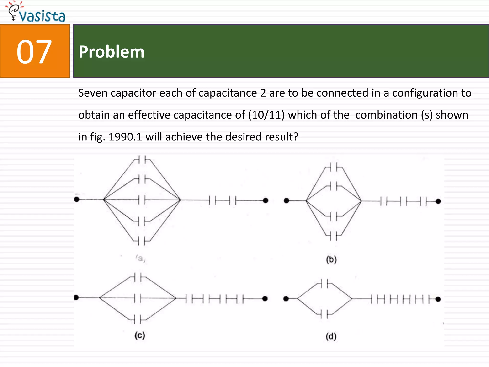 Problem07Seven capacitor each of capacitance 2 are to be connected in a configuration to obtain an effective capacitance of (10/11) which of the  combination (s) shown in fig. 1990.1 will achieve the desired result?