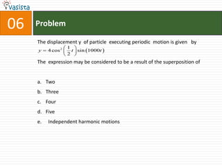 Problem06The displacement y  of particle  executing periodic  motion is given   byThe  expression may be considered to be a result of the superposition ofTwo ThreeFour Five  Independent harmonic motions
