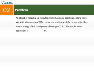 Problem02An object of mass 0.2 kg executes simple harmonic oscillations along the x-axis with a frequency of (25/ ) Hz. At the position x = 0.04 m, the object has kinetic energy of 0.5 J and potential energy of 0.4 J.  The amplitude of oscillations is _____________m.
